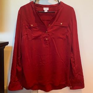 Dark red long sleeve chiffon shirt with decorative gold buttons